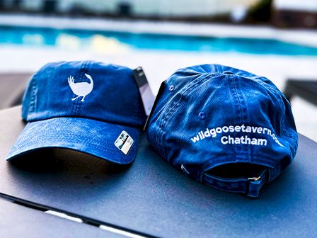 Two blue baseball caps placed on a surface, one with a goose logo, the other reads 