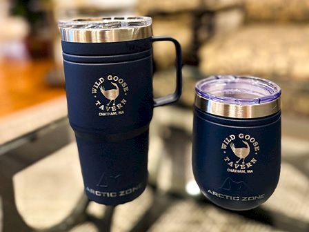 The image shows two blue insulated drink containers from 