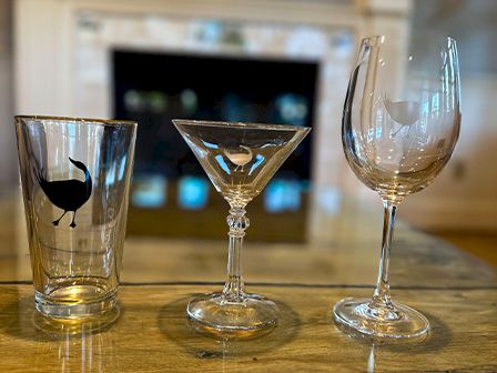 The image shows three different types of glasses: a highball glass, a martini glass, and a wine glass, each with a bird illustration.